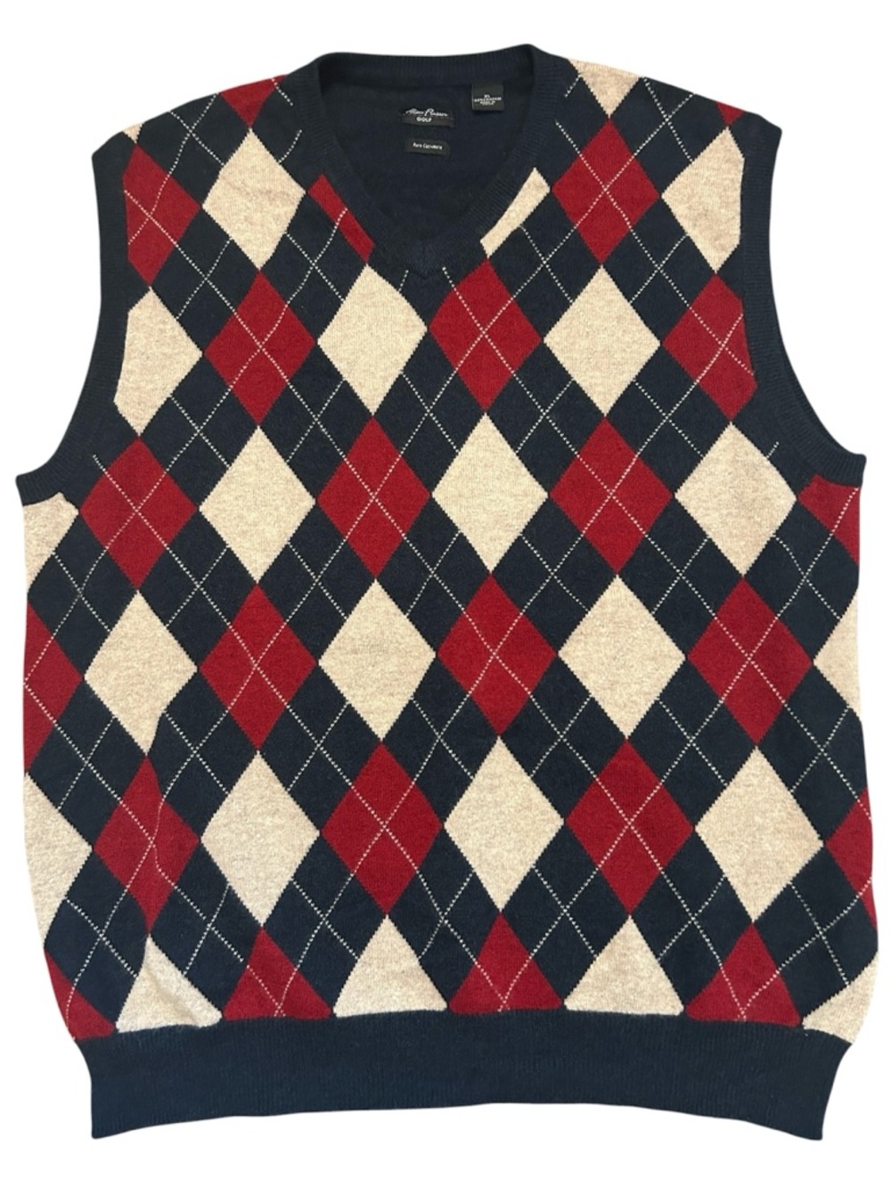 Alan Flusser Navy, Red & Cream Argyle V-Neck Sweater cashmere vest